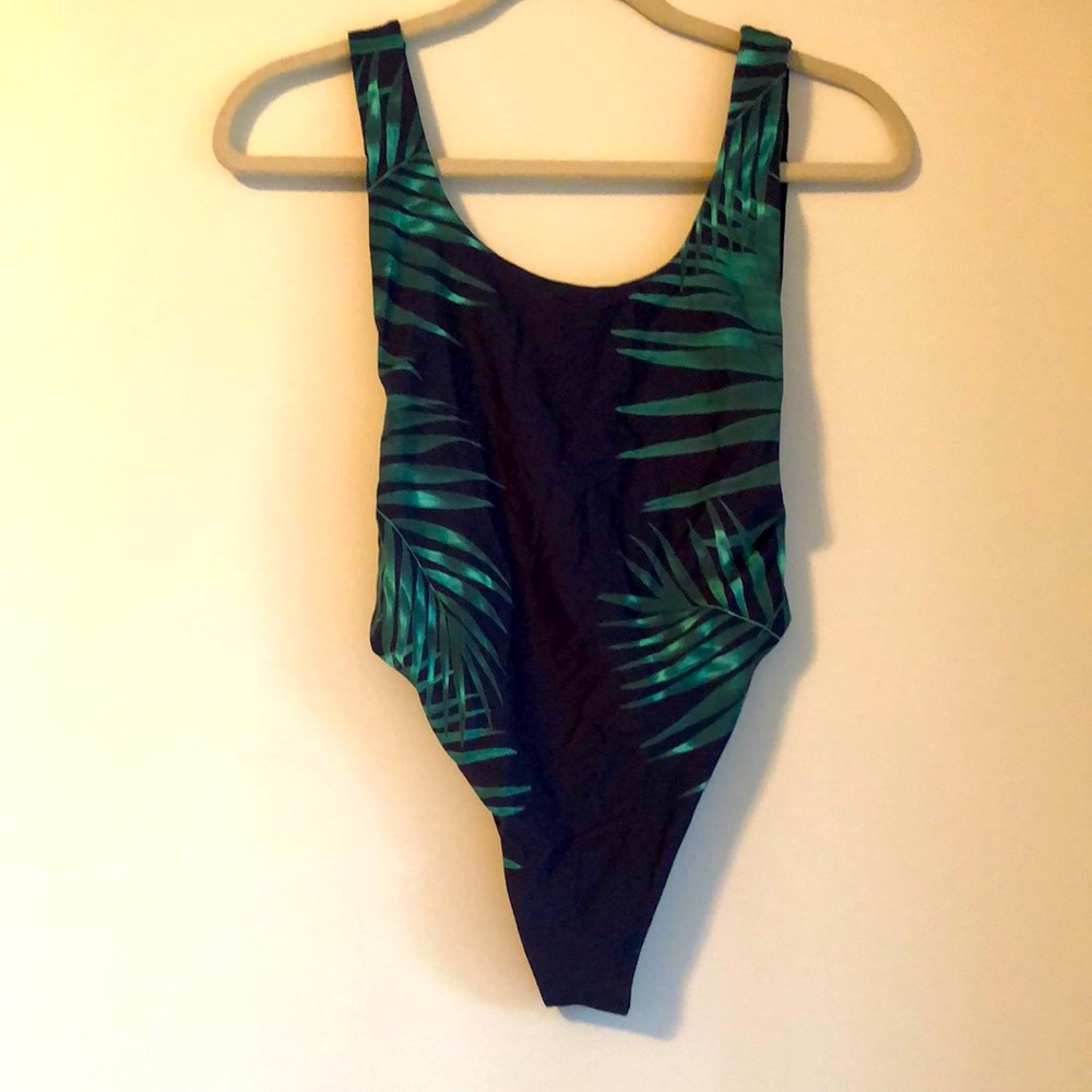 One Piece High Rise Swimsuit Navy Blue Palms